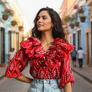 Zara Red Ruffled Eyelet Women's Top